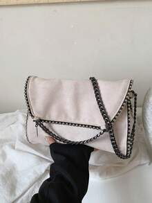Women Envelope Crossbody Bag Solid Color Suede Fabric Rivet Trim Chain Strap Pendant Decor Medium Capacity Chic Style For Women Party Daily Use - Beige - View 3