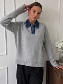 Wixra Denim Collar Patchwork Long Sleeve Knit Sweater, Button Polo Neck Drop Shoulder Loose Casual Knit Top For Fall - Grey - View 3