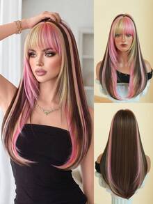 7JHH WIGS Highlights Long Straight Wigs For Women 24 Inch Medium Layered Wig With Bangs Synthetic Heat -Resistant Fiber Hallowmas Colorful Costume Wig For Festival Wear, Party Cosplay Use - Multicolor - View 3
