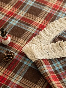 1 buah Taplak Meja Motif Kotak-kotak Merah Kopi dengan Hiasan Renda, Taplak Meja Natal Gaya Nordik Klasik untuk Pesta Malam Natal, Meja Makan, Meja Kopi, dan Dekorasi Meja Kerja - Cokelat + Renda - View 6