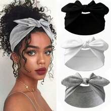 3pcs Wide Headbands, Knotted Rabbit Solid Color Elastic Ear Bow Hairband Yoga Sports Sweat-Absorbing Anti-Sweat Elastic Headwear - Multicolor - View 7