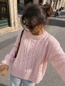 Women's Casual Fashion Autumn/Winter Fleece Cable Knit Round Neck Lantern Sleeve Loose Ribbed Regular Sweet Style Sweater - Pink - View 7