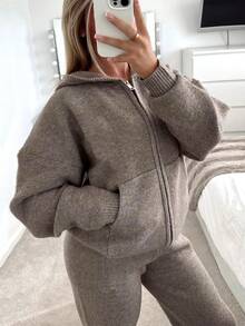 Fashionable Women's Knit Loose Set: Zipper Hooded Sweater With Wide Leg Lounge Pants. Medium Stretch, Perfect For Autumn/Winter Wear. - Khaki - View 3