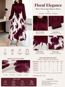 Women's Elegant Floral Print Long Sleeve Casual Dress, Spring/Autumn Vacation Style - Burgundy - View 6