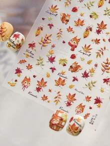1 Sheet Of 5D Embossed Autumn Maple Leaf Nail Sticker, Cute Squirrel, Autumn Leaves, Cursive‑Script English, Autumn Bare‑Nail Decorative Nail Accessory - Multicolor - View 1