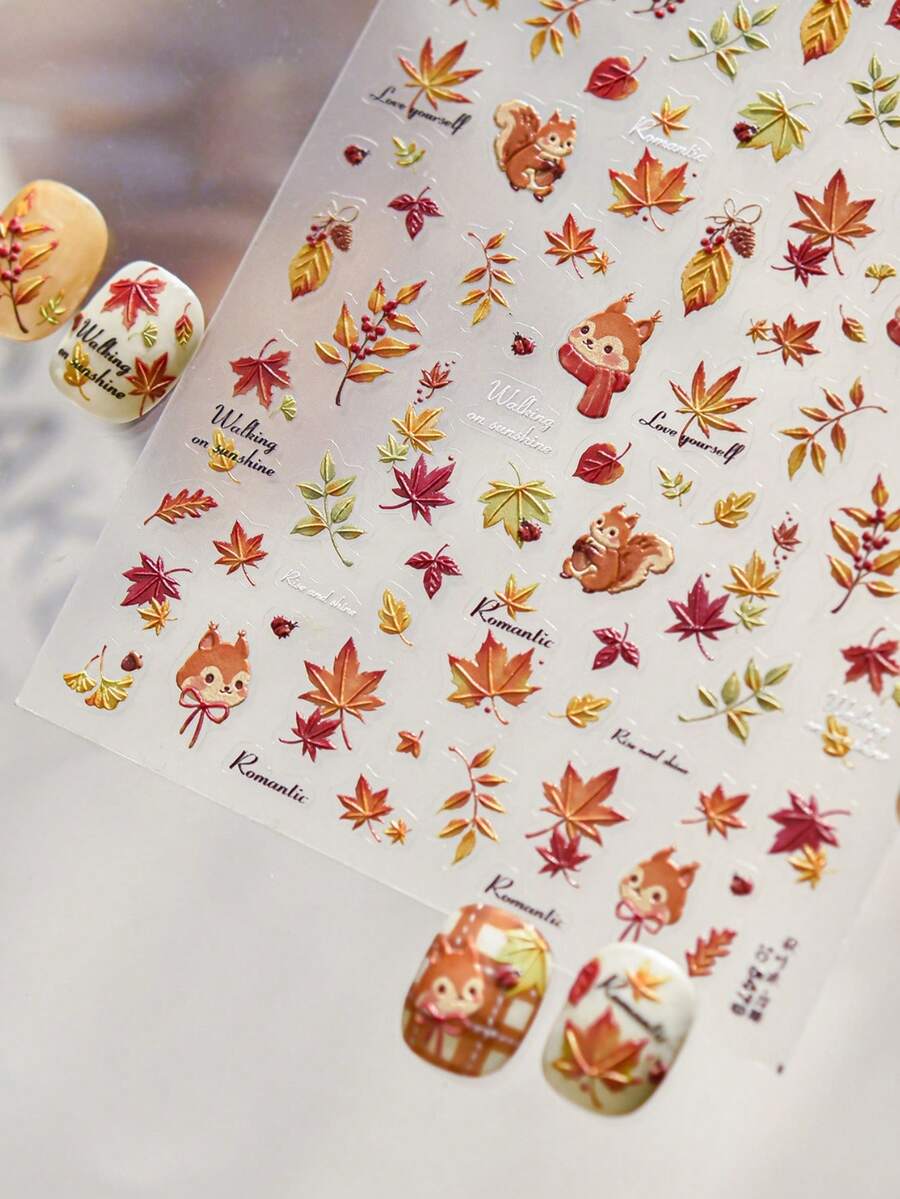 1 Sheet Of 5D Embossed Autumn Maple Leaf Nail Sticker, Cute Squirrel, Autumn Leaves, Cursive‑Script English, Autumn Bare‑Nail Decorative Nail Accessory - Multicolor - View 1