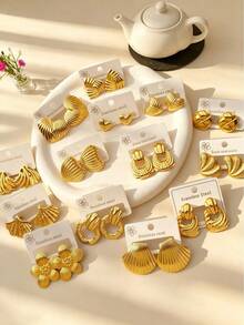 4/8/16/20pcs Vintage Stainless Steel Shell Heart Floral Stud Earrings, Women's Daily Beach Wear - Multicolor - View 5