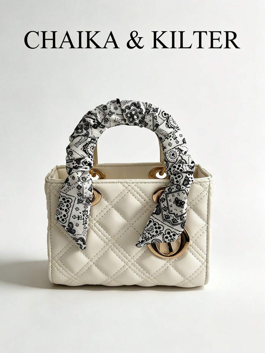 1pc Solid Color PU Fabric Women's Fashion Handbag, Square Quilted Diamond Stitch Design With Double Handles, Scarf Decoration, Metal Eyelets, Detachable Adjustable Shoulder Strap, Suitable For Hand Carry, Crossbody, Crossbody, Daily Shopping (With Scarf) - Multicolor - View 1