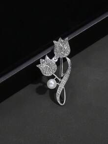 1pc Rhinestone Tulip Flower Brooch, Anti-Glare Suit Lapel Pin Jewelry, Random Number Of Rhinestones - Silver - View 2