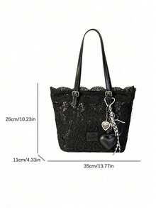 Tote Bag, Exquisite Lace Trim Outlining The Bag Opening Edge, Three-Dimensional Floral Pattern Design With Strong Atmosphere, Adjustable Shoulder Strap Allows You To Change Carrying Length At Will. Paired With Heart Pendant Decor To Add Lively Details, Spacious Interior Provides Ample Storage Space, Suitable For Shopping, Travel, Daily Commute, Easily Creating A Gentle And Romantic Outfit Effect. - Black - View 2