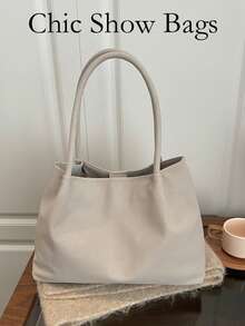 Women Soft Shoulder Tote Bag,Open Top Hobo Handbag,Solid Plain Color,Large Capacity,Minimalist Neutral Style For Daily Work Travel Ladies All Seasons - Beige - View 2