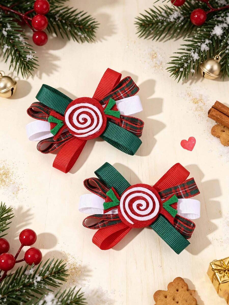 2PCS Christmas Lollipop Patch Bows For Girls Festive Grosgrain Ribbon Decor Alligator Clips Holiday Party Daily Hair Clips Kids Hair Accessories - Multicolor - View 1