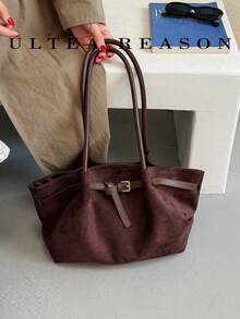 1pc Solid Color Suede Shoulder Bag, Women's Vintage Casual Tote Bag, Magnetic Closure, Top Dual Handles, Suitable For Daily Commute - Coffee - View 8