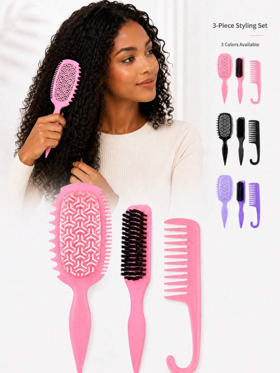 Curly Hair Smoothing & Styling Brush Set, Vented Curl Defining Brush, Wide Tooth Hook Comb & Pointed Tail Styling Brush For Curly Wavy Coily Hair, Sectioning, Shaping, Daily Hair Styling, Home Travel Use, Multi-Color Options - Multicolor - View 1