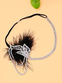 1pc Vintage Rhinestone Feather Headpiece, Women's Tassel Forehead Chain Hair Accessory For Banquet, Wedding, Ball, Party Styling - Feather - View 4