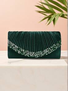 Valentine's Day Date Silver V-Shaped Metal Chain Sequin Glitter Evening Bag, Envelope Style Party Wedding Casual Women's Clutch, Banquet Dinner Bag - Green - View 6