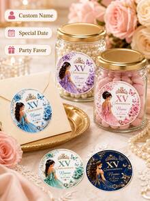 11/20/40pc Personalized Custom Birthday Name Date Round Sticker,Custom Princess Floral Butterfly Self‑Adhesive,Jar Envelope Birthday Party Sticker - Multicolor - View 8