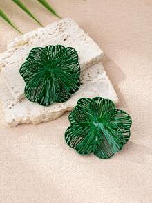 1 Pair High-End Heavy Metal Gold Brushed Flower Pendant Earrings, Suitable For Women's Daily And Party Wear - Green - View 1