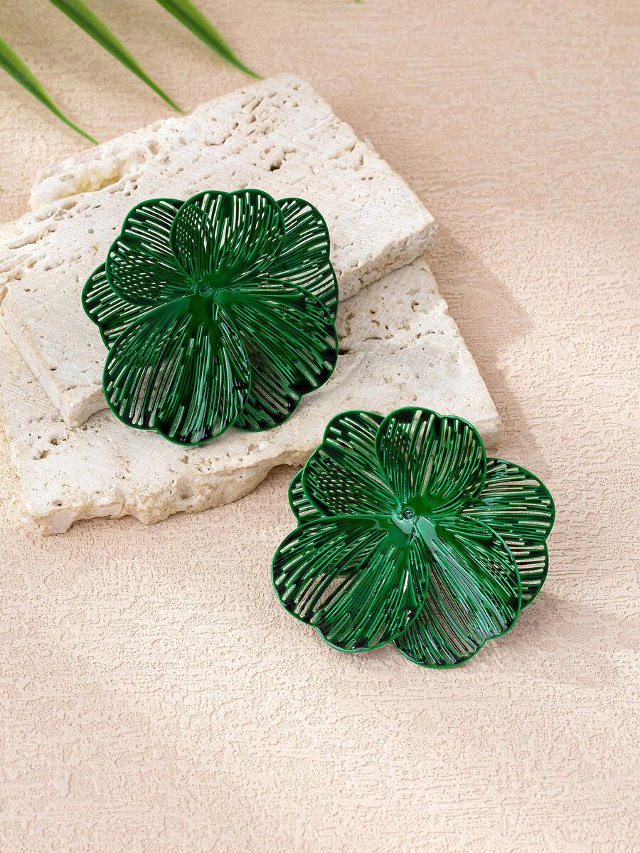 1 Pair High-End Heavy Metal Gold Brushed Flower Pendant Earrings, Suitable For Women's Daily And Party Wear - Green - View 1
