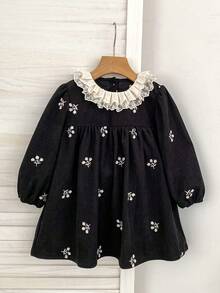 Girls Floral Embroidered Dress, New Spring/Autumn Long Sleeve Lace Peter Pan Collar Princess Dress For Toddlers - Black - View 2