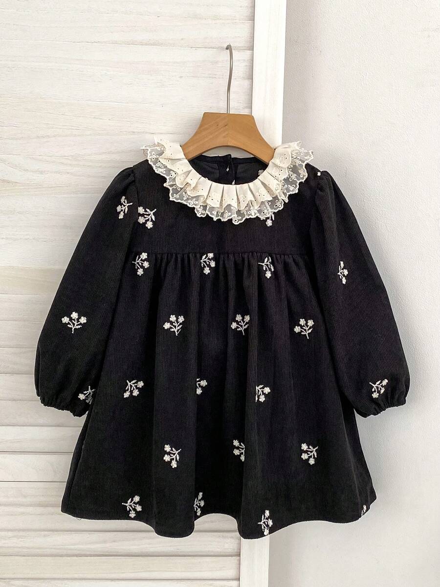 Girls Floral Embroidered Dress, New Spring/Autumn Long Sleeve Lace Peter Pan Collar Princess Dress For Toddlers
