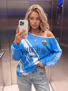 Women's Casual Manchester Jersey Asymmetrical Neck Contrast Lace Oversized Long T-Shirt For Daily Wear Fall & Winter, Going Out - Blue - View 1