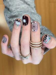 10pcs Pure Handmade Press On Nails Short Squoval Shaped, Purple Cat Eye Base With Snowflake Stars Polka Dots Rhinestone, Fake Nails For Women And Girls, Winter & Fall Nails, Glamour, Party, Daily Life Use - Mauve Purple - View 3