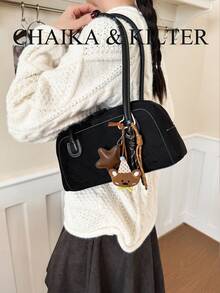 CHAIKA & KILTER 1pc Solid Color Suede Fabric Women's Vintage Fashion Matte Shoulder Bowling Bag With Contrast Quilted Stitching, Double Handle Design, Zipper Closure, Suitable For Daily And Street Use - Black - View 8