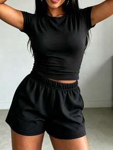 2pcs Women's Solid Color Round Neck Short Sleeve Top & Shorts Casual Set - Black - View 3