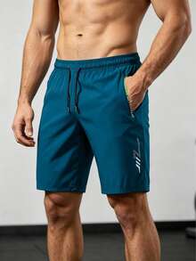 1pc Men's Casual Loose Breathable Shorts, With Pockets, Zipper And Drawstring Waist, Sports Summer Style - Lake Blue - View 3