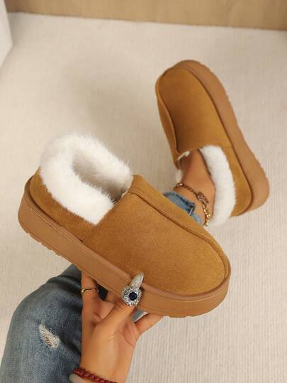 Autumn/Winter New Minimalist Patchwork Fur Trim Women's Indoor/Outdoor Slippers, Closed Heel Couple Snow Boots, Thick Sole Warm Thermal Lined House Shoes
