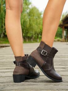 1 Pair Women's Patchwork Design Buckle Strap Chunky Heel Round Toe Winter Short Ankle Boots, Coffee Brown - Coffee Brown - View 2