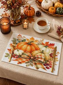 Thanksgiving Autumn Table Runner, Watercolor Pumpkin Berry Bow Pattern, Rustic Country Style, Autumn Holiday Dining Table Decor, Maple Leaf Pine Cone Floral Print, Linen Texture Tablecloth, Dining Room Kitchen Home Decor - Multicolor - View 4