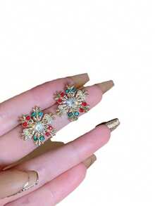 JOJELOO 1 Pair European & American Christmas Series Fashion Creative Rhinestone Colorful Christmas Snowflake Stud Earrings For Women - Earrings - View 5