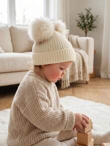 Baby Girl Faux Fur Double Pom Pom Warm Knit Hat, Suitable For Autumn/Winter - White - View 6