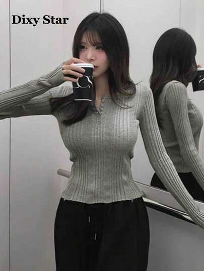 Women's New Autumn/Winter Elegant Soft Half-Open Collar Button-Front Versatile Long Sleeve Knit Sweater T-Shirt Top