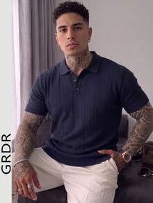 GRDR 男士新款 Polo 领时尚针织短袖 T 恤 - 休闲简约日常穿着 - 藏蓝色 - 查看 2