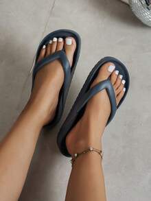 Unisex Solid Color Thong Flip Flops For Beach, Sand, Swimming, Vacation - Navy Blue - View 2