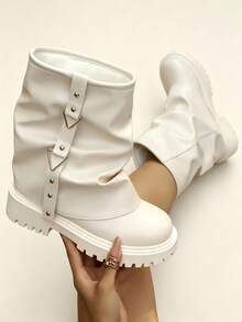 Y2K Ruched Stacked Mid-Calf Motorcycle Boots For Women, Rivet Triangle Buckle Strap Thick Platform Wedge Leg-Wrap Boots, Hot Girl Rider Boots - White - View 5