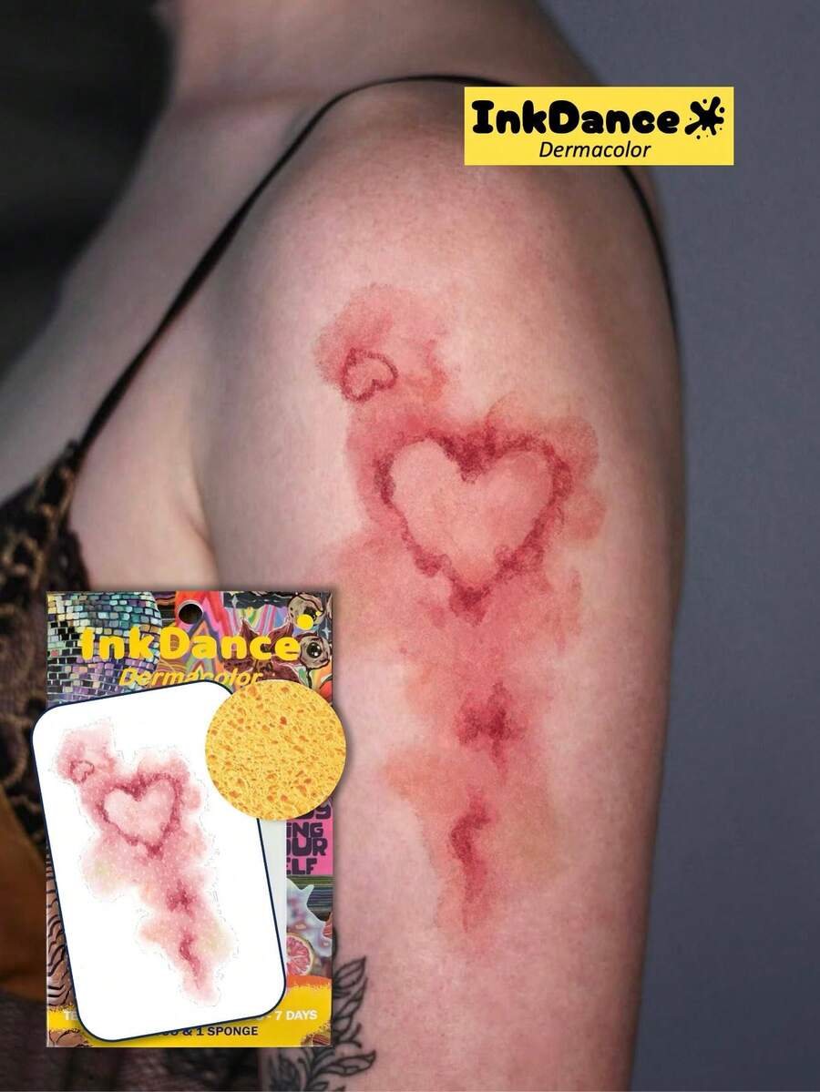 1 Kit "Bloody Heart" Temporary Tattoos, Fake Tattoos, Waterproof, Authentic Tattoo Look, Halloween Scar, Blood Injury Cut Scratches Stitches, Scary Makeup, Colorful, InkDance Ink Dance, Easy To Apply And Remove, Men, CSD067 - Multicolor - View 1