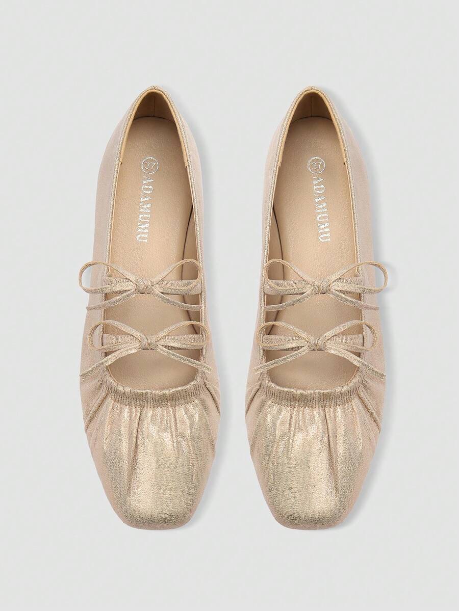 ADAMUMU Shiny Fabric Double Bow Ruched Square Toe Flat Shoes, Gathered Ballet Soft Sole, Sweet & Cool Versatile Comfortable - Gold - View 1
