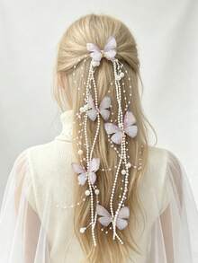 1pc Fairy Purple Butterfly Pearl Long Tassel Hair Tie, Heavy Beaded Chain Hair Rope, Girl Atmosphere Hair Elastic Band, Wedding Party Hair Accessory - Multicolor - View 10