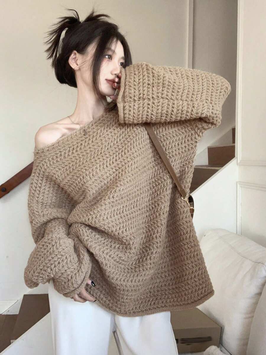Women's Knitted Sweater Autumn/Winter Sweet Gentle Asymmetrical Shoulder Design Unique Niche Chic Slouchy Exposed Shoulder Top - Khaki - View 1