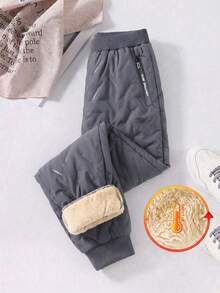 1pc Tween Boys' Simple Casual Thermal Lined Thick Warm Anti-Cold Winter Long Pants, Children's Trousers, Autumn/Winter - Dark Grey - View 1