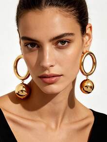 1 Pair European And American Vintage Style Polished Gold-Plated Metal Double-Layer Round Hoop With Large Ball Drop Long Earrings - Multicolor - View 2