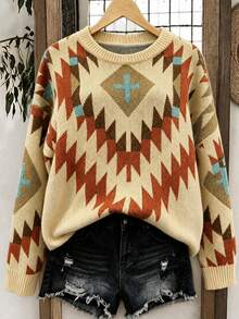 Women's Autumn/Winter Western Cowboy Style Geometric Cactus Jacquard Pattern Round Neck Long Sleeve Loose Knit Pullover Top, Suitable For Travel, Casual And Daily Wear - Multicolor - View 2