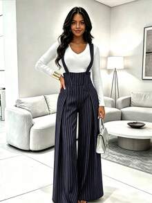 RNU Women's Navy Striped French Elegant Jumpsuit, High Waist Straight Wide Leg Loose Fit, Versatile For Daily & Office, Spaghetti Strap Overalls - Royal Blue - View 6