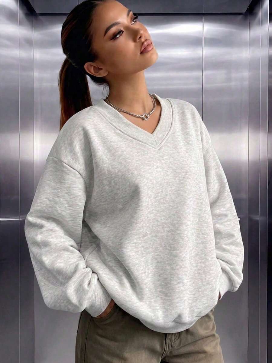 女款休閒抓絨V領寬鬆衛衣,秋冬必備衣櫥單品,秋冬服飾,秋冬穿搭,簡約版型秋季款 - 淺灰色 - 查看 1