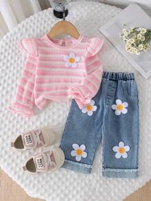 2pcs Baby Girl Comfortable Soft Striped Cap Sleeve Top & 3D Floral Denim Long Pants Set, Spring/Autumn - Pink - View 1