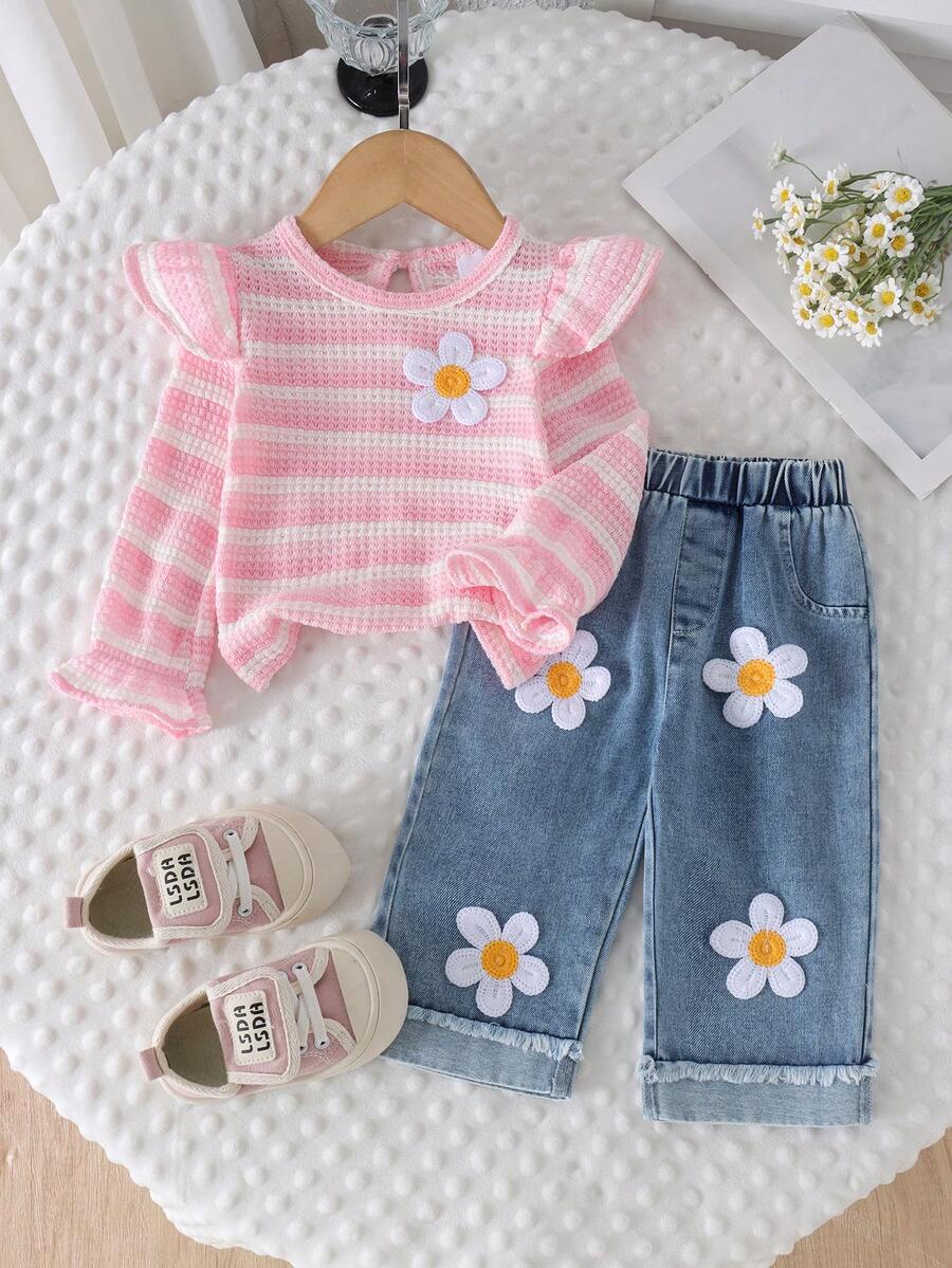 2pcs Baby Girl Comfortable Soft Striped Cap Sleeve Top & 3D Floral Denim Long Pants Set, Spring/Autumn - Pink - View 1